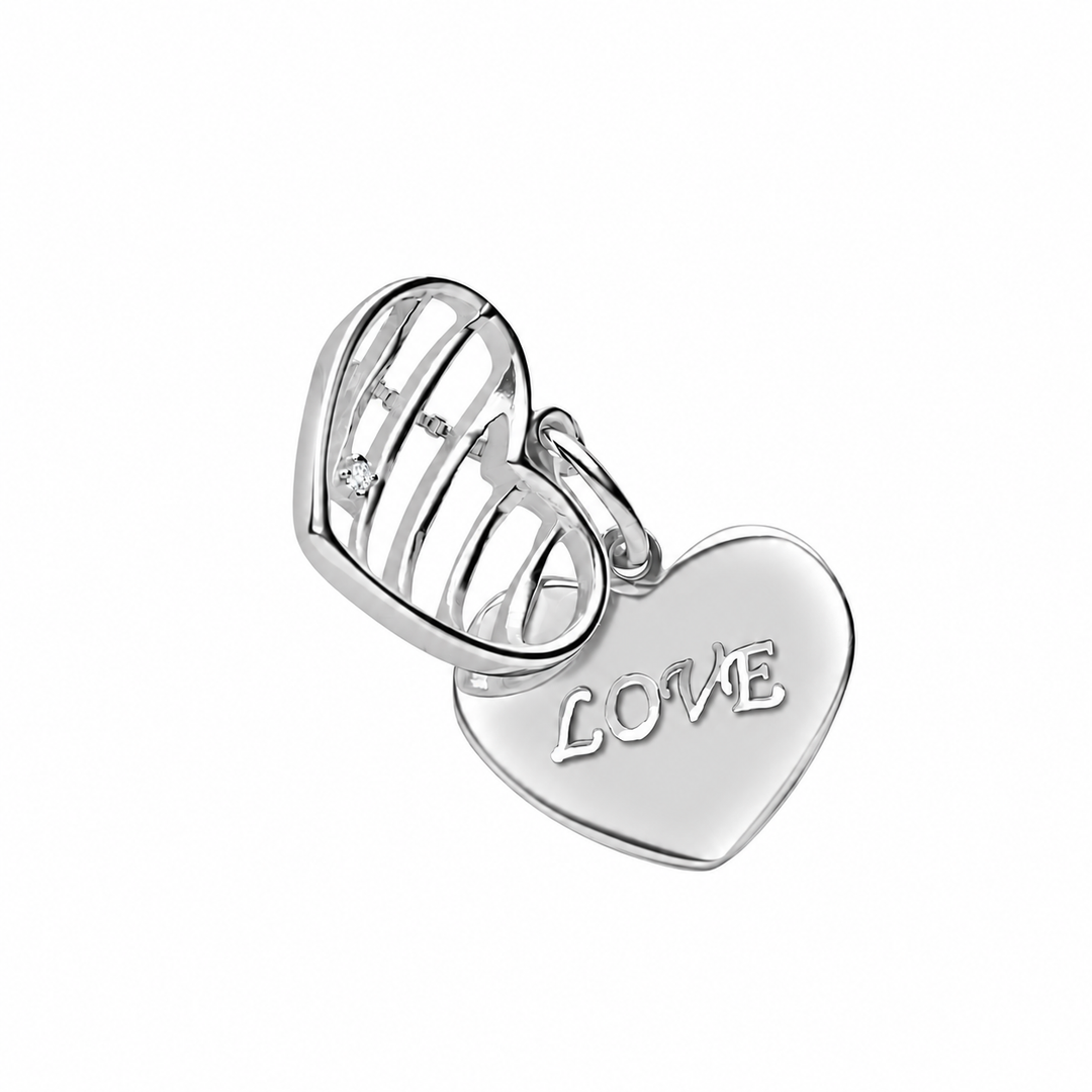 Movable Sterling Silver Double Heart Love Pendant with Cubic Zirconia – 0.75 Inch Wide