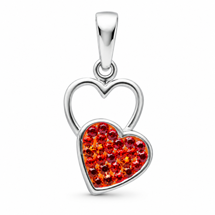 Sterling Silver Double Heart Pendant with Red and Orange Crystals – 1.15 Inch