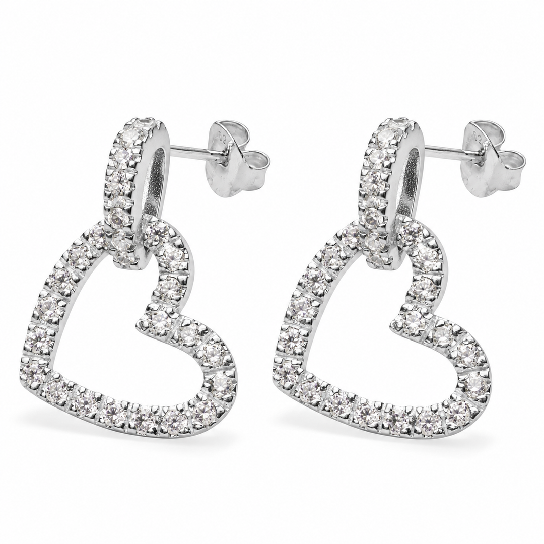 Sterling Silver Cubic Zirconia Open Heart Drop Earrings – 1 Inch