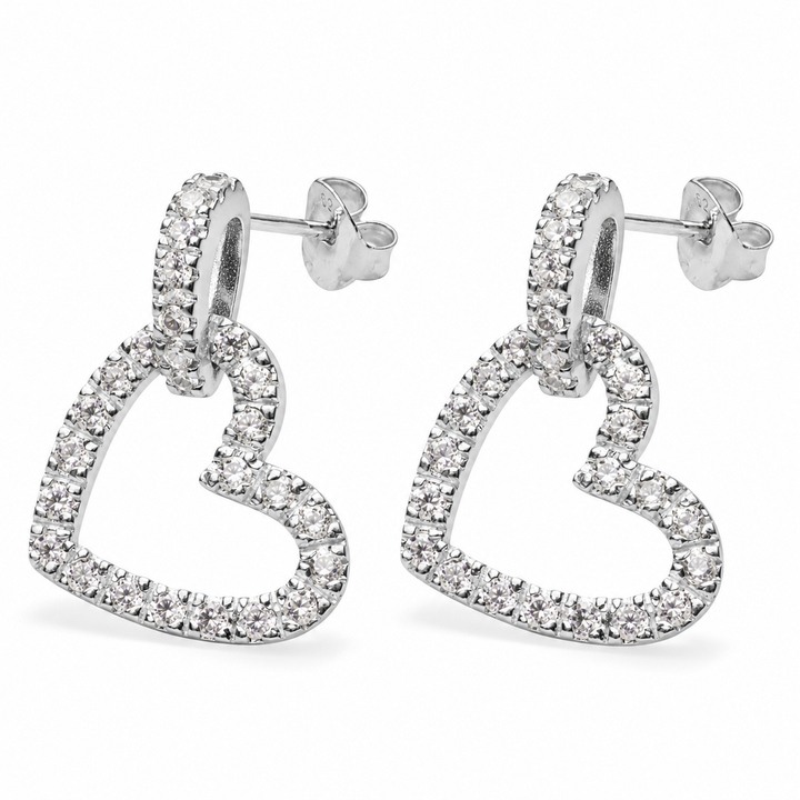 Sterling Silver Cubic Zirconia Open Heart Drop Earrings – 1 Inch