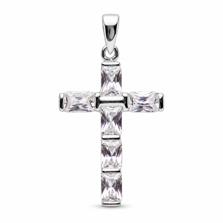Sterling Silver Emerald-Cut Cubic Zirconia Cross Pendant – 1.5 Inch