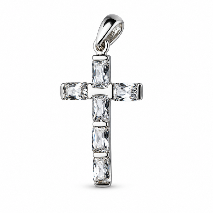 Sterling Silver Emerald-Cut Cubic Zirconia Cross Pendant – 1.5 Inch