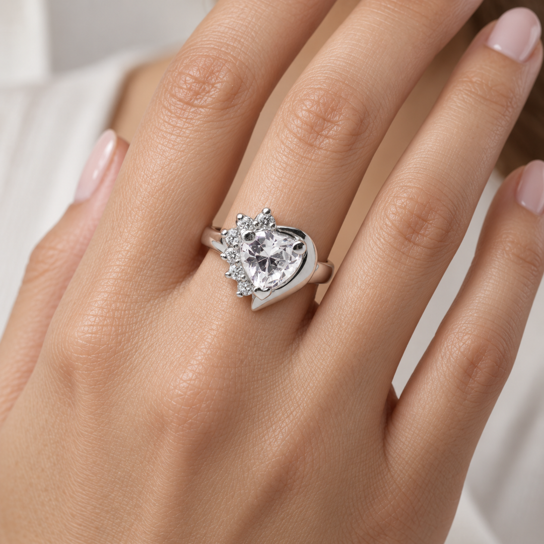 8mm Heart-Cut Cubic Zirconia Sterling Silver Bypass Ring