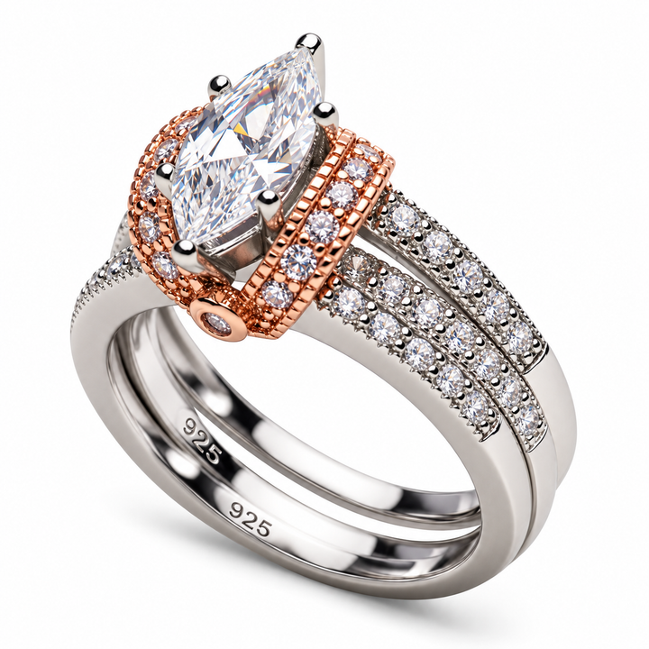 Marquise-Cut Diamond Simulant Ring in Rose Gold and Rhodium-Plated Sterling Silver