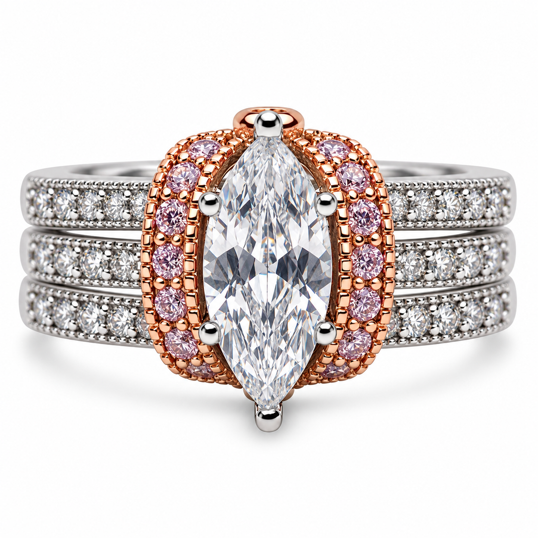 Marquise-Cut Diamond Simulant Ring in Rose Gold and Rhodium-Plated Sterling Silver