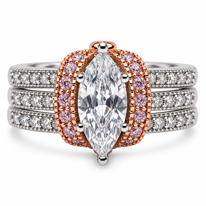 Marquise-Cut Diamond Simulant Ring in Rose Gold and Rhodium-Plated Sterling Silver