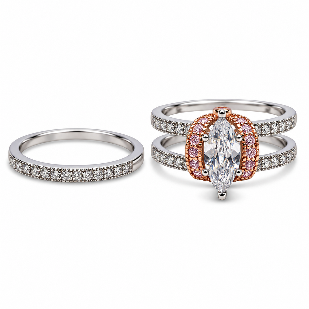 Marquise-Cut Diamond Simulant Ring in Rose Gold and Rhodium-Plated Sterling Silver