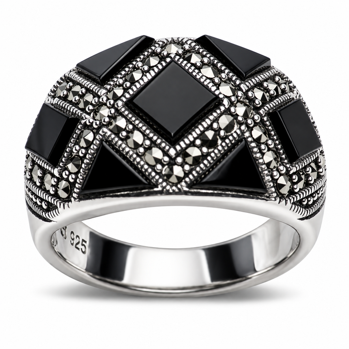 Art Deco Black Onyx and Marcasite Ring in Rhodium-Plated Sterling Silver