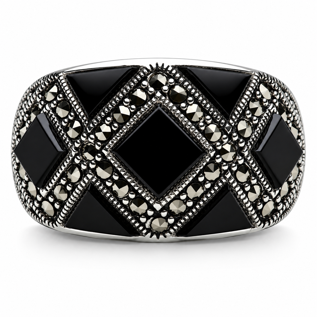 Art Deco Black Onyx and Marcasite Ring in Rhodium-Plated Sterling Silver