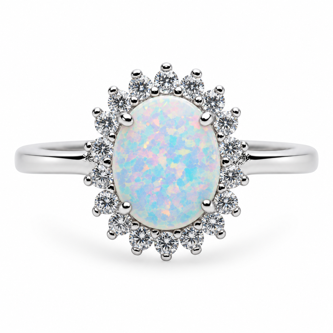 Created White Opal & CZ Halo Ring in Rhodium-Plated Sterling Silver