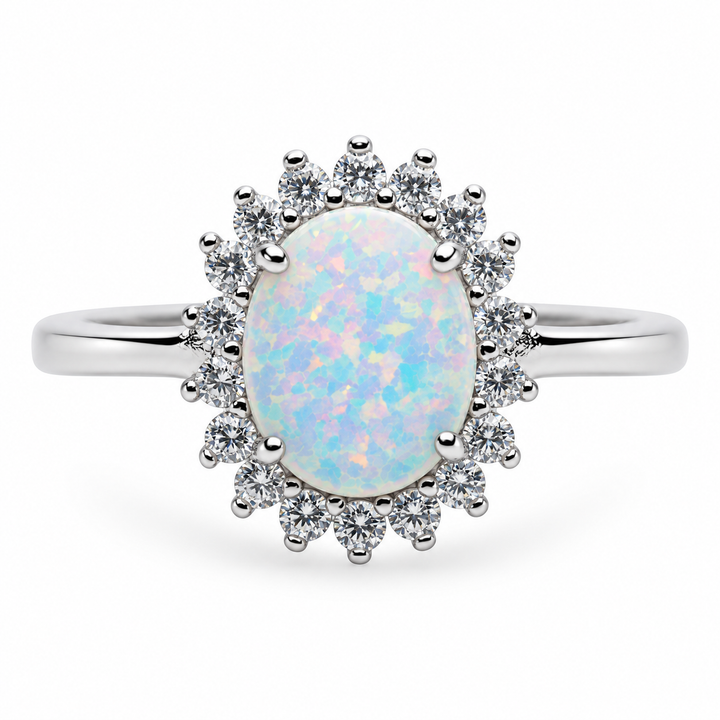 Created White Opal & CZ Halo Ring in Rhodium-Plated Sterling Silver