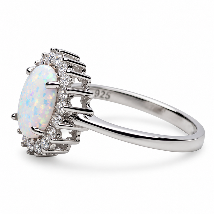 Created White Opal & CZ Halo Ring in Rhodium-Plated Sterling Silver