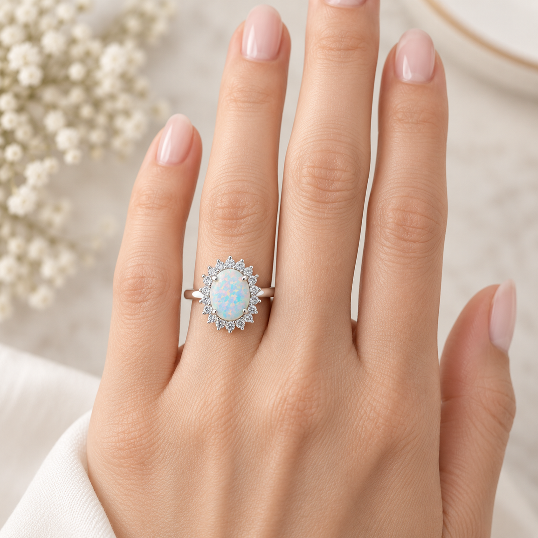 Created White Opal & CZ Halo Ring in Rhodium-Plated Sterling Silver