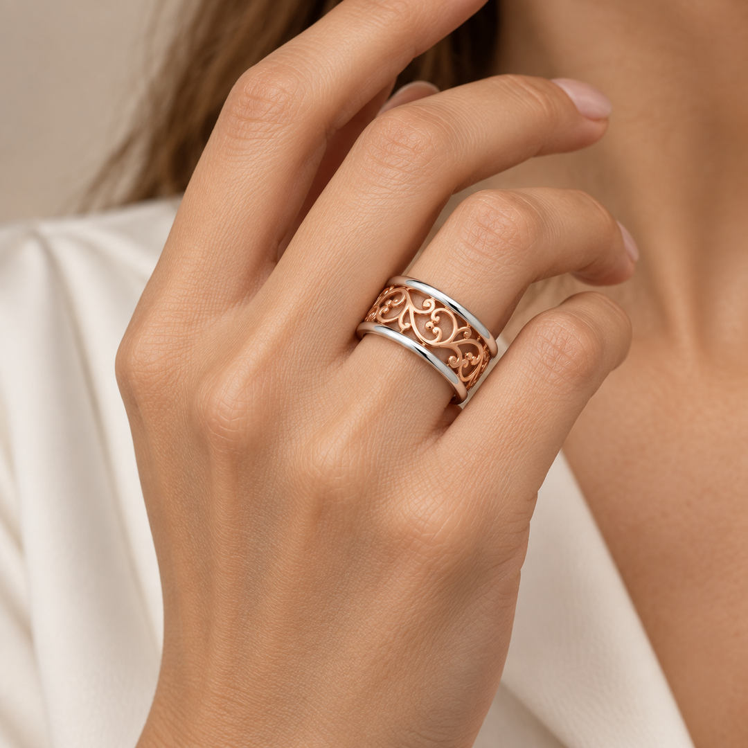 14K Rose Gold-Plated Floral Vine Filigree Ring in Sterling Silver