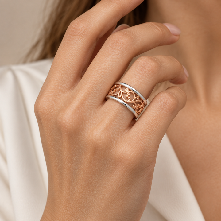 14K Rose Gold-Plated Floral Vine Filigree Ring in Sterling Silver