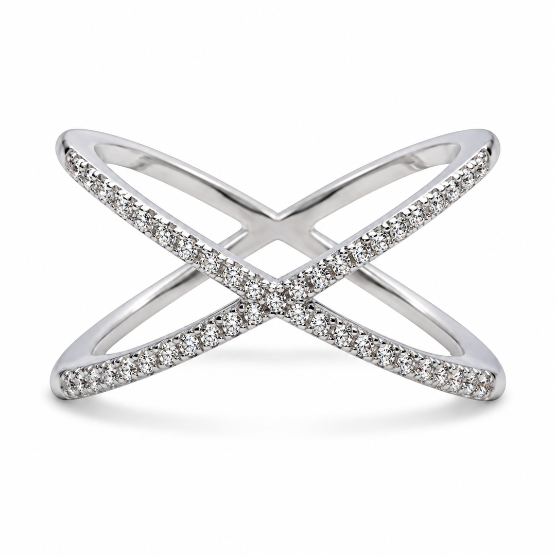 Sterling Silver Diamond Simulant Crossover Ring – 45-Stone Intertwined Infinity Design