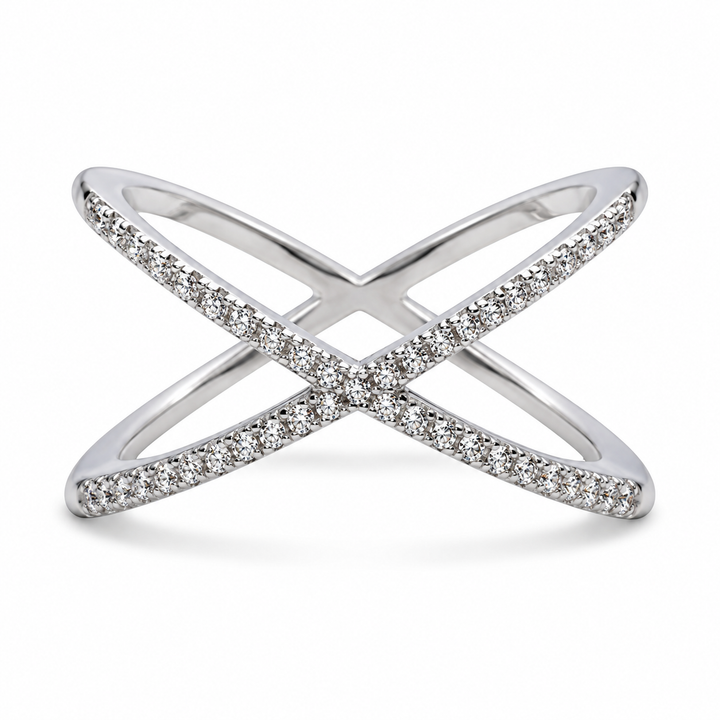 Sterling Silver Diamond Simulant Crossover Ring – 45-Stone Intertwined Infinity Design