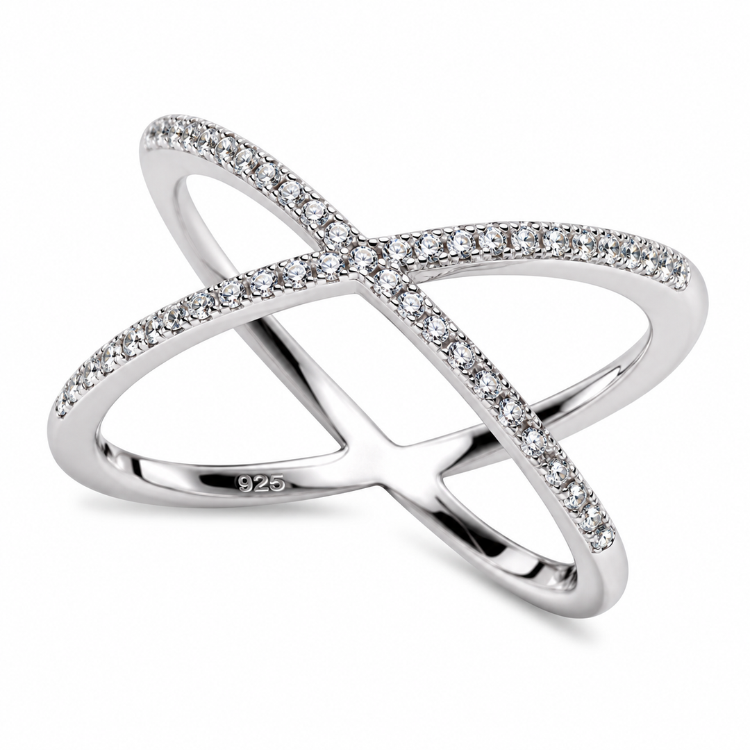 Sterling Silver Diamond Simulant Crossover Ring – 45-Stone Intertwined Infinity Design