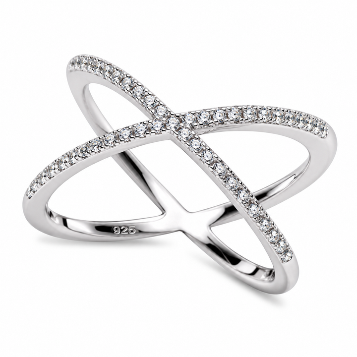 Sterling Silver Diamond Simulant Crossover Ring – 45-Stone Intertwined Infinity Design