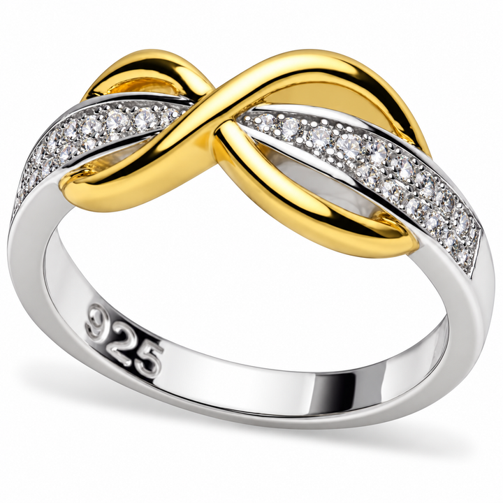 14K Yellow Gold Infinity Ring with 26 Pavé CZ Stones in Sterling Silver