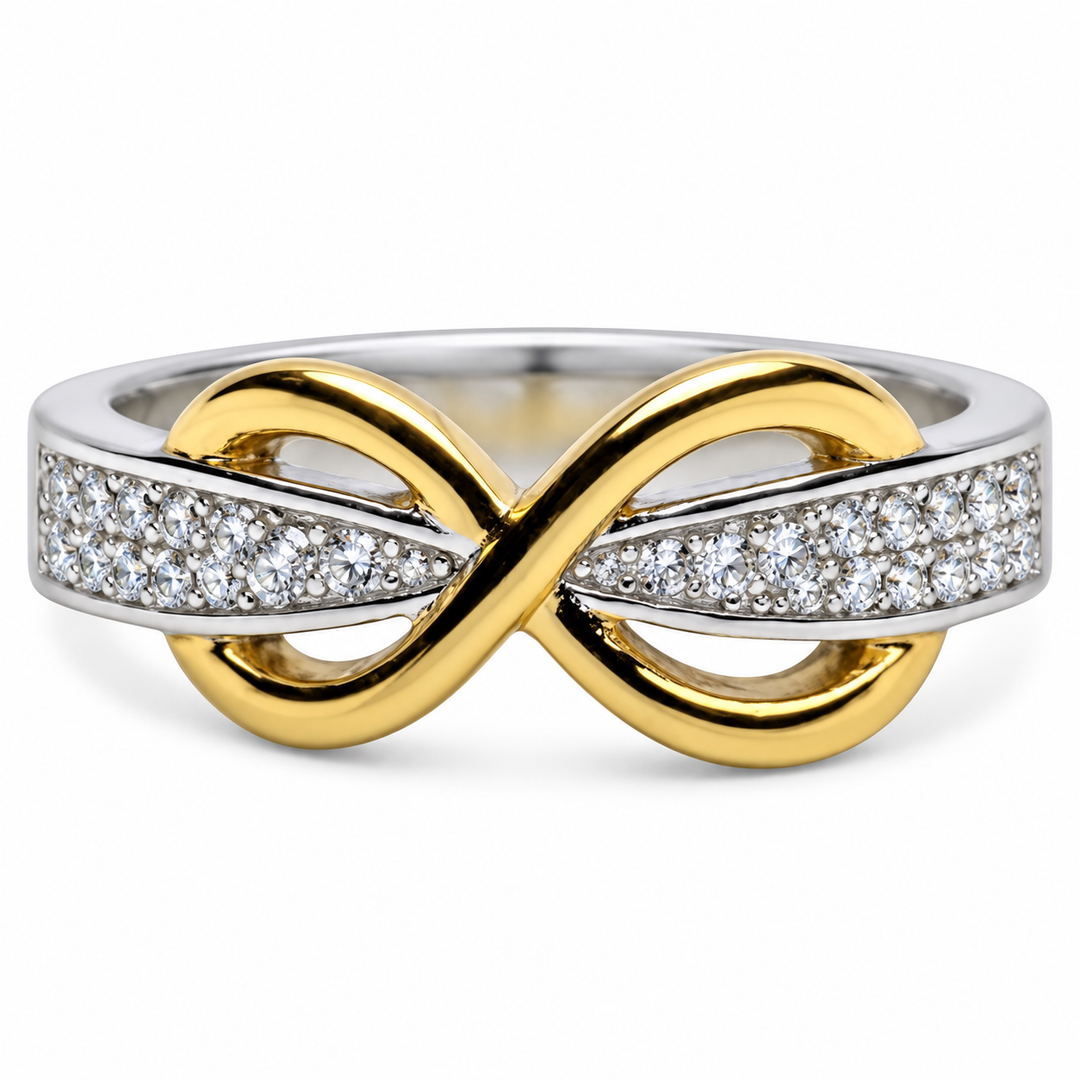 14K Yellow Gold Infinity Ring with 26 Pavé CZ Stones in Sterling Silver