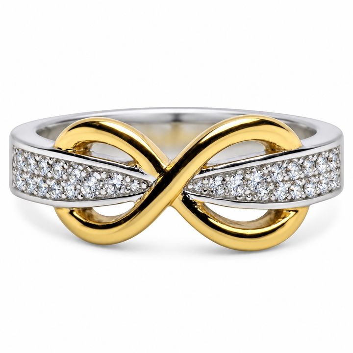 14K Yellow Gold Infinity Ring with 26 Pavé CZ Stones in Sterling Silver