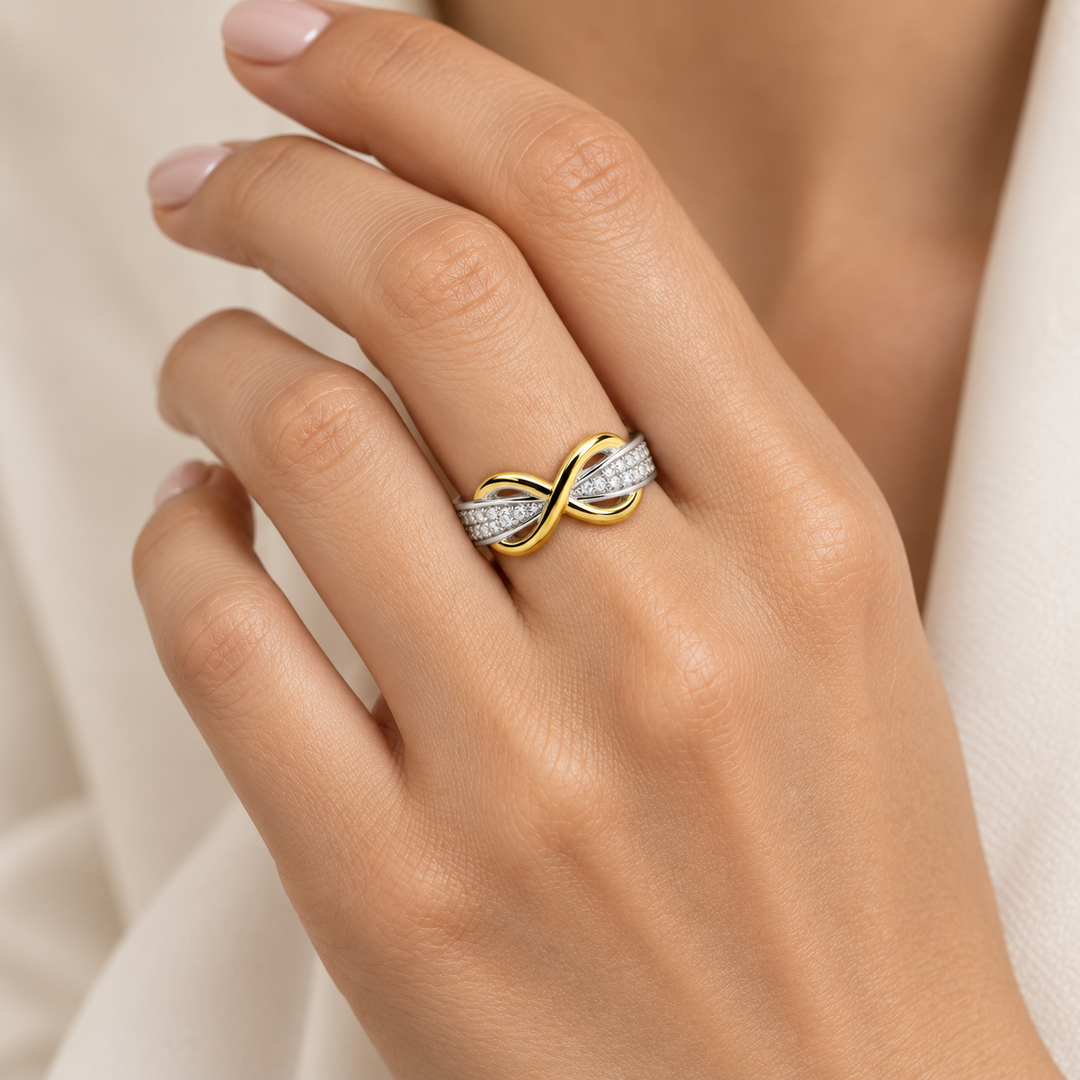 14K Yellow Gold Infinity Ring with 26 Pavé CZ Stones in Sterling Silver