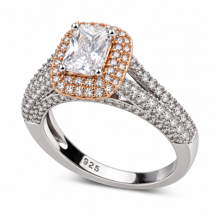 1.06 Carat Emerald-Cut Pink and Clear CZ Ring in Rose Gold-Plated Sterling Silver