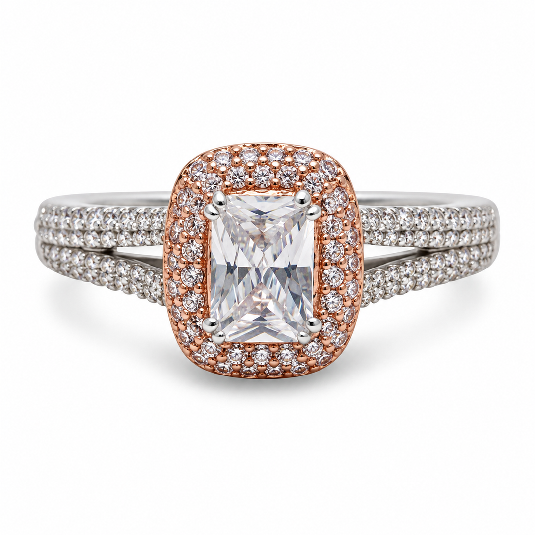 1.06 Carat Emerald-Cut Pink and Clear CZ Ring in Rose Gold-Plated Sterling Silver