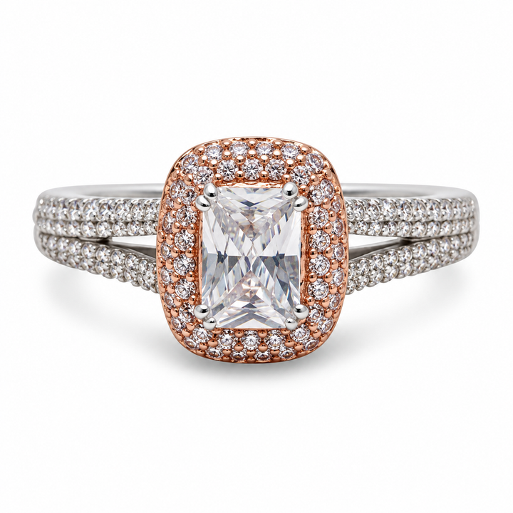 1.06 Carat Emerald-Cut Pink and Clear CZ Ring in Rose Gold-Plated Sterling Silver