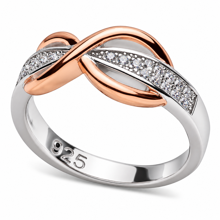 14K Rose Gold Infinity Ring with 16 Pavé CZ Stones in Sterling Silver