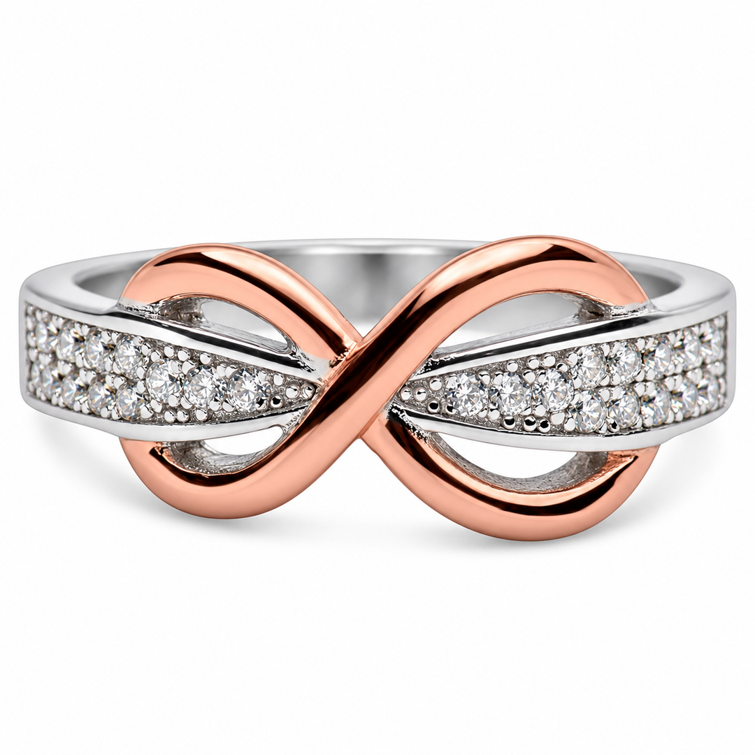 14K Rose Gold Infinity Ring with 16 Pavé CZ Stones in Sterling Silver