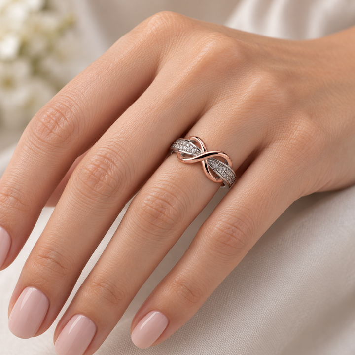 14K Rose Gold Infinity Ring with 16 Pavé CZ Stones in Sterling Silver