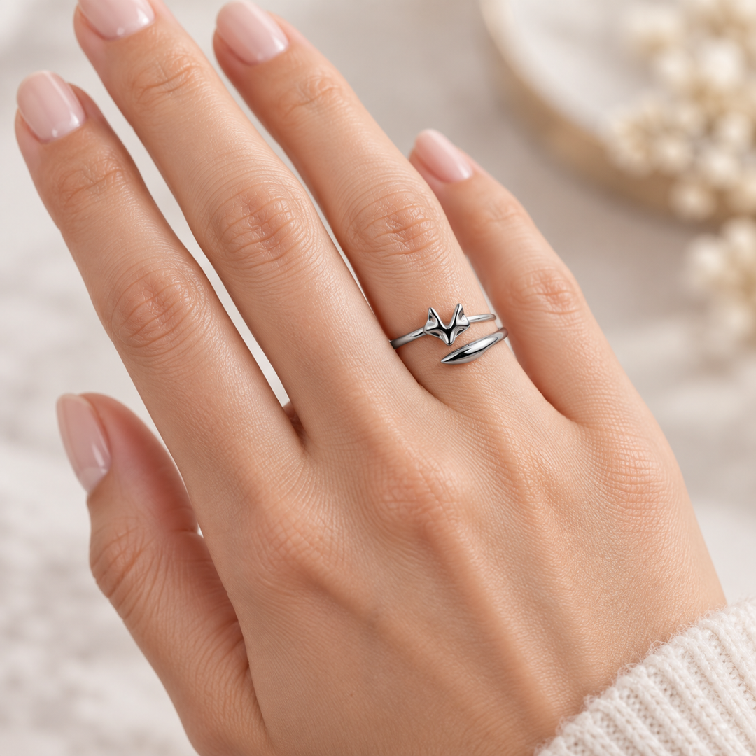 Sterling Silver Forest Fox Head and Tail Wrap Ring – Rhodium Plated