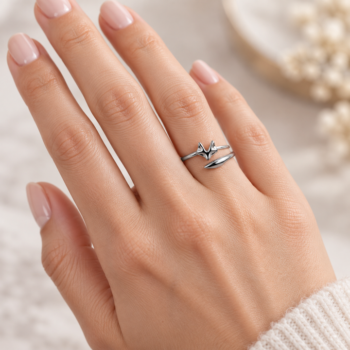 Sterling Silver Forest Fox Head and Tail Wrap Ring – Rhodium Plated