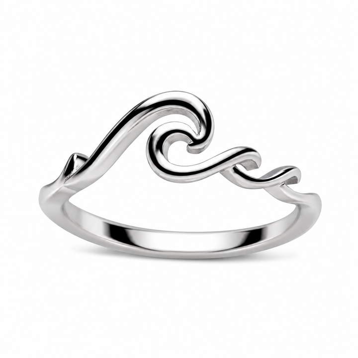 Dainty Sterling Silver Rolling Ocean Wave Ring – Rhodium-Plated High-Polish Coastal Jewelry