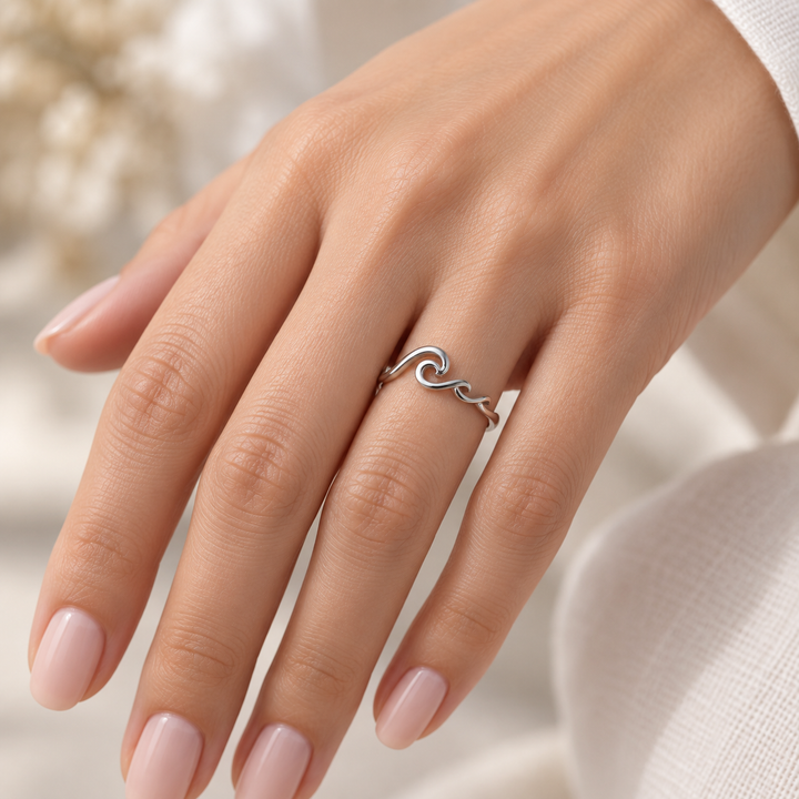 Dainty Sterling Silver Rolling Ocean Wave Ring – Rhodium-Plated High-Polish Coastal Jewelry