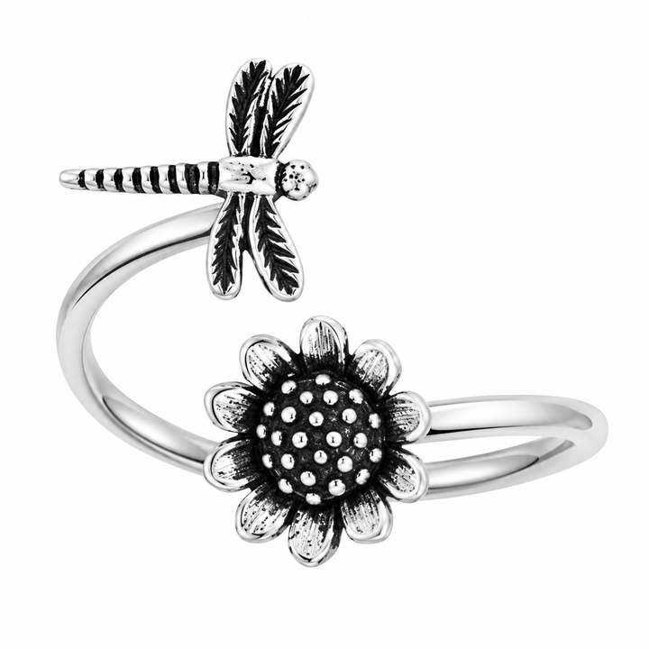 Sterling Silver Dragonfly and Sunflower Open Ring – Adjustable Nature-Inspired Wrap Ring