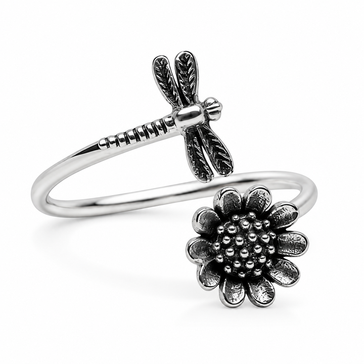 Sterling Silver Dragonfly and Sunflower Open Ring – Adjustable Nature-Inspired Wrap Ring