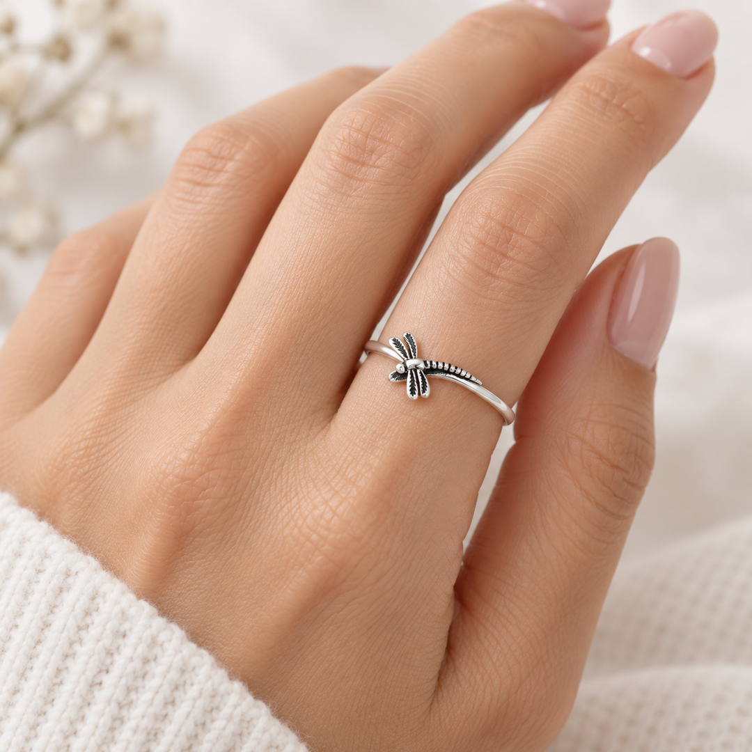 Dainty Sterling Silver Dragonfly Ring – Symbolic Nature-Inspired Band