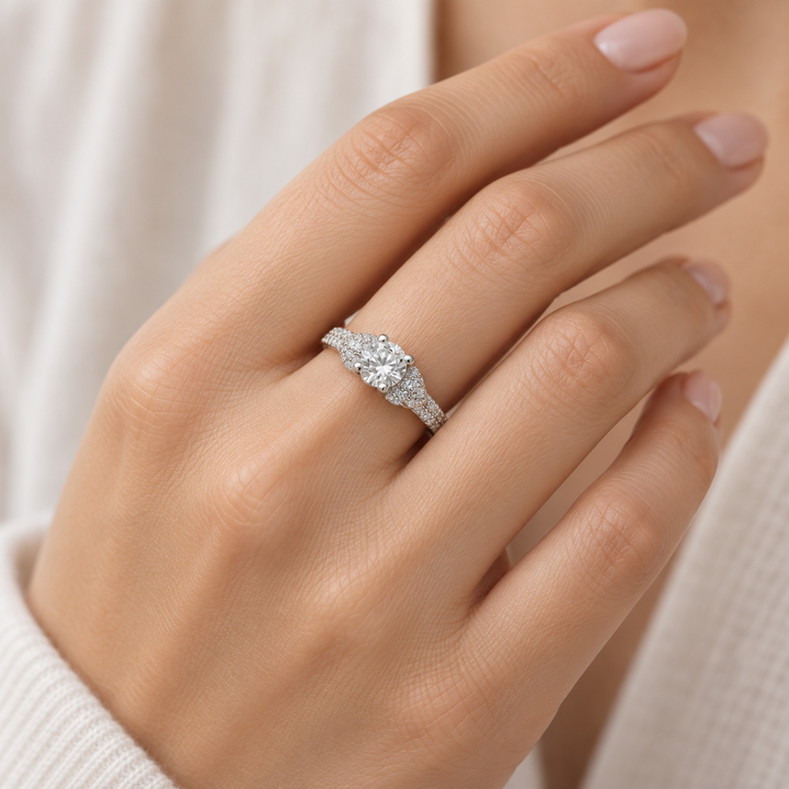 0.84 Carat Round Cubic Zirconia Ring in Rhodium-Plated Sterling Silver – 153-Stone Cluster Design