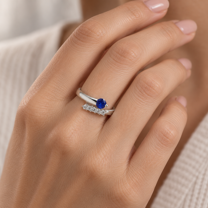 4 mm Lab-Created Blue Sapphire and Clear Stone Sterling Silver Bypass Ring