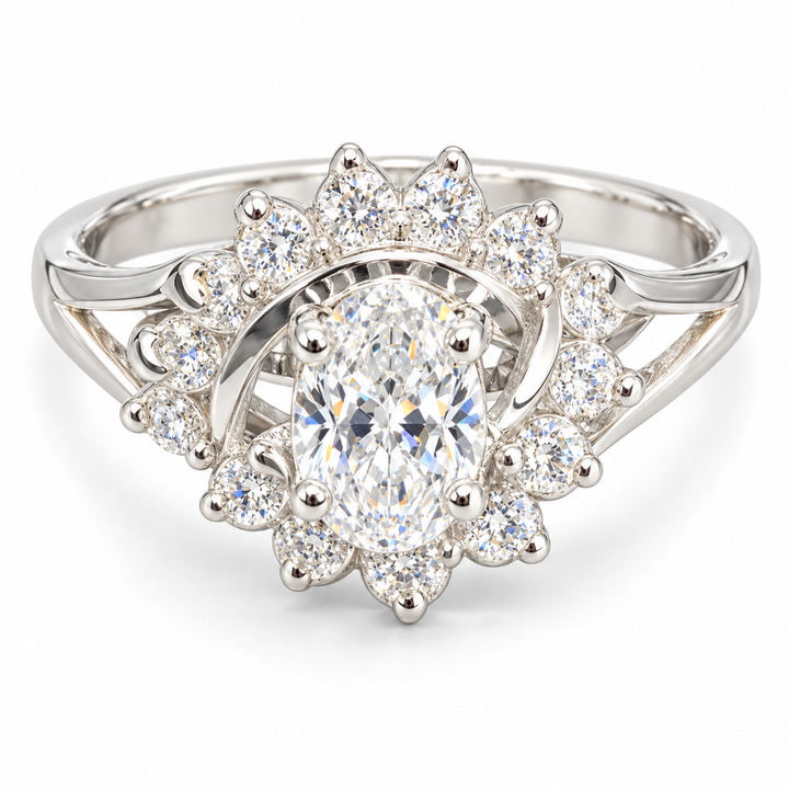 925 Sterling Silver Oval Clear Stone Floral Halo Ring – 6 x 4 mm Center Stone