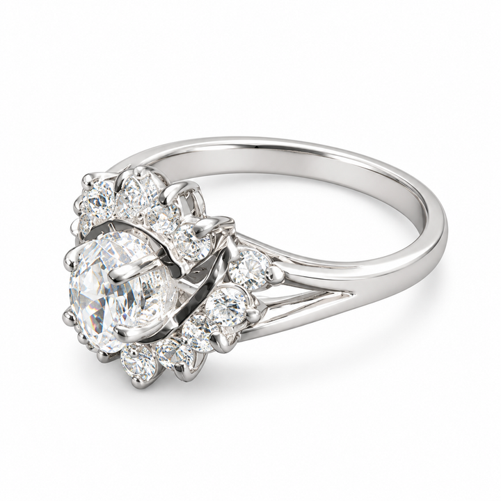 925 Sterling Silver Oval Clear Stone Floral Halo Ring – 6 x 4 mm Center Stone