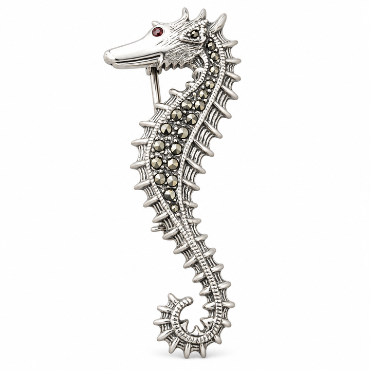 Sterling Silver Seahorse Brooch Pin with Marcasite and Garnet Eye – 2.35 Inch