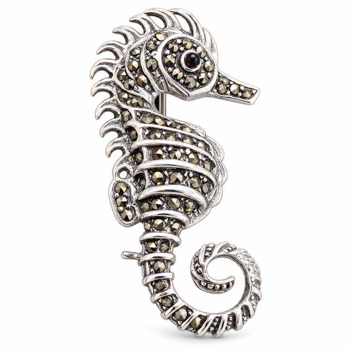 Sterling Silver Seahorse Brooch with Marcasites and Black Onyx Eye – 1.5 Inch