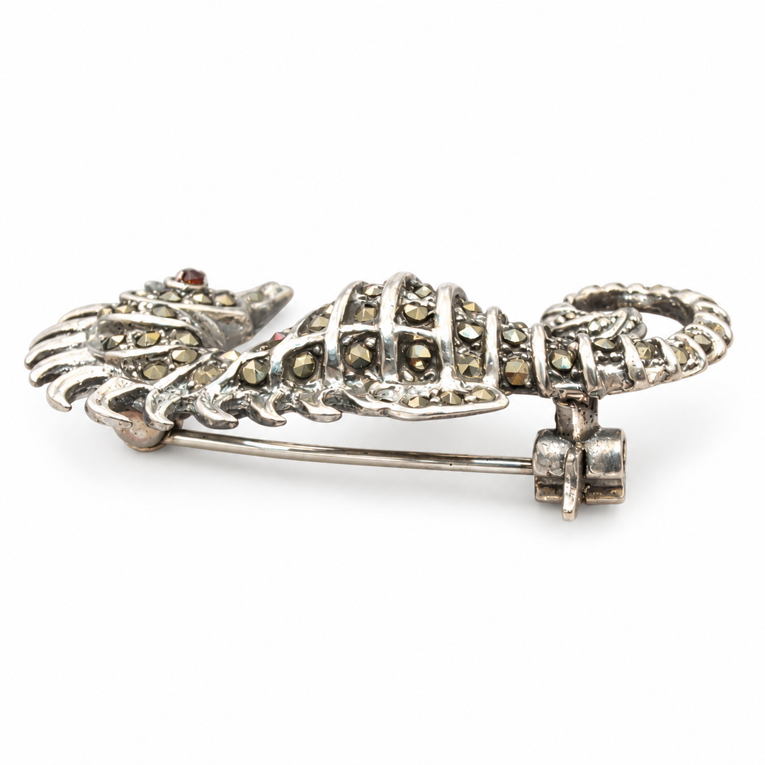 Sterling Silver Seahorse Brooch with Marcasites and Black Onyx Eye – 1.5 Inch