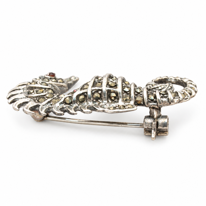 Sterling Silver Seahorse Brooch with Marcasites and Black Onyx Eye – 1.5 Inch