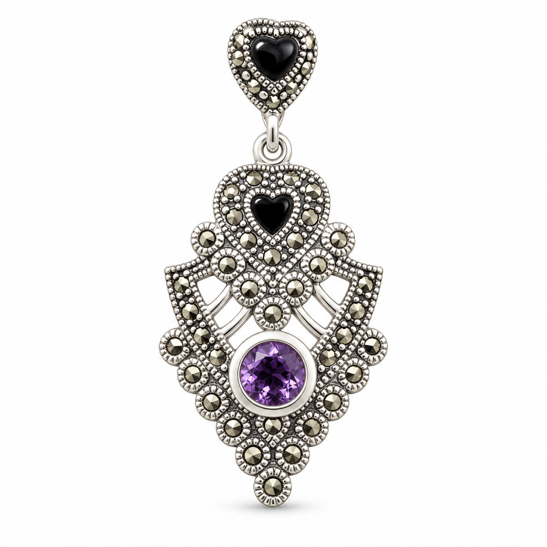 Sterling Silver Amethyst, Black Onyx and Marcasite Pendant – 1.6 Inch