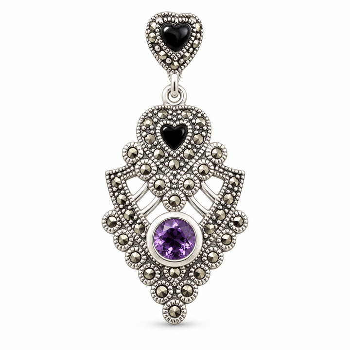 Sterling Silver Amethyst, Black Onyx and Marcasite Pendant – 1.6 Inch